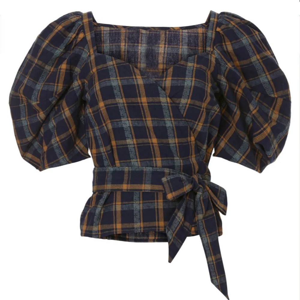 Madewell Ash Plaid Puff Sleeve Wrap Top